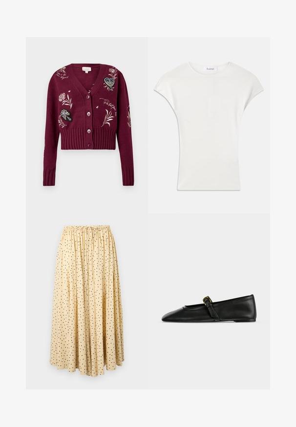 Burgundy cropped cardigan with a v-neck, ribbed hem, and embroidered floral designs. Features five buttons and decorative accents.; White short-sleeve shirt made of soft, ribbed fabric. Crew neckline; relaxed fit with slight cap sleeves. Brand label visible at the neckline.; Light beige midi skirt with black polka dots, gathered elastic waistband, and a front drawstring tie.; Black leather Mary Jane flat shoe with a pointed toe and a thin strap featuring a small gold buckle, shown from the side on a plain background.