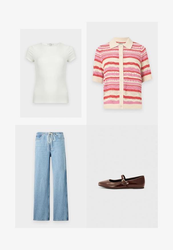 Cardigan tricoté à manches courtes avec col beige et patte de boutonnage, présentant des rayures horizontales en rouge, rose et motifs en dentelle beige.; T-shirt ajusté blanc uni à manches courtes avec encolure ronde, présenté sur un fond neutre.; Jean en denim bleu clair avec jambes larges, taille élastique, cordon de serrage blanc et poches avant sur fond blanc.; Ballerine en cuir verni marron avec un bout carré et une lanière ornée d'une petite boucle dorée. Texture lisse, talon bas et design minimaliste.