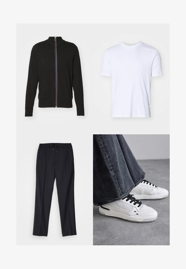 PS Paul Smith ZIP THRU - Sweatjakke - blacks; Hvid bomulds T-shirt med ribbet rund halsudskæring, korte ærmer og normal pasform. Glat tekstur, ingen synlige mønstre eller detaljer.; sandro ALPHA - Chino - noir; Hvide sneakers med sorte snørebånd og mesh-detaljer. Har en glat læderoverdel og en tekstureret gummisål. Bæres sammen med brede grå jeans.