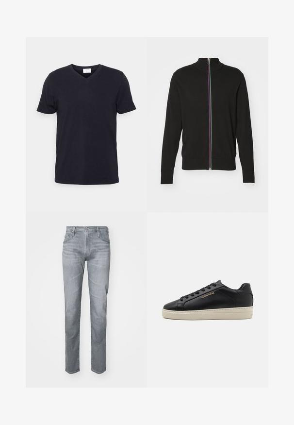 PS Paul Smith ZIP THRU - Lukuga pusa - blacks; Musthave musterniga musterniga lühikeste varrukatega vöötkesega must puuvillane t-särk, millel on vabam lõige. Lihtne disain, ilma mustrite või lisakaunistusteta.; Hallide denimi teksad, millel on sirge lõige, viie taskuga disain, vöökohad ja esine nupuga sulgur. Õrn tuhmumine tekstuuri jaoks.; Must have nahkased jalatsid sujuva viimistlusega, kontrastse kreemja talla, ümarate varvastega, kuldse logoga külgedel ja kuue silmaga nööride jaoks.