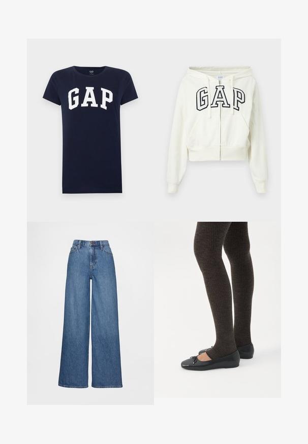 Sweat à capuche blanc zippé avec poches frontales et logo "GAP" contour noir sur la poitrine, doté d'une capuche avec cordon de serrage et de poignets côtelés.; T-shirt bleu marine à manches courtes avec logo GAP blanc imprimé sur la poitrine, col rond et coupe régulière.; Jean à jambes larges en denim bleu moyen, présentant une taille haute, des passants pour ceinture et une fermeture à bouton. Texture lisse avec des détails de couture minimaux.; Jambes portant des leggings côtelés foncés associés à des ballerines noires avec de petits détails en nœud sur fond blanc.