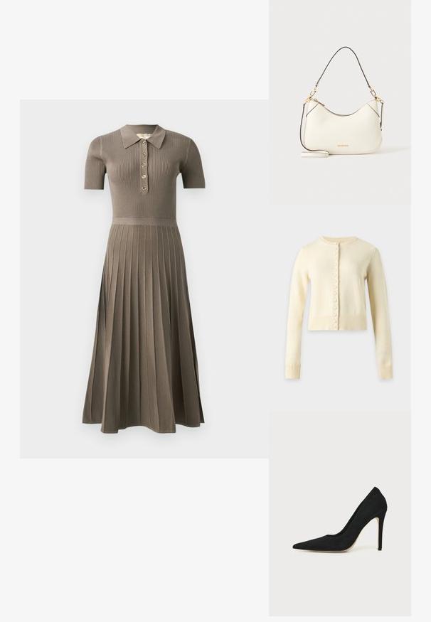 Cárdigan de punto color crema, de manga larga, con escote redondo y una hilera frontal de botones cubiertos de tela. Largo corto con puños y dobladillo acanalados.; Vestido midi acanalado en marrón grisáceo con mangas cortas, cuello tipo polo, botonera dorada y diseño de falda plisada. Textura suave.; Zapato stiletto negro de tacón alto con punta afilada y textura lisa, mostrado de lado sobre un fondo claro y uniforme.; Bolso de hombro de piel blanco con herrajes dorados, ribete negro y correa extraíble. Logotipo de Michael Kors en dorado en el centro inferior.