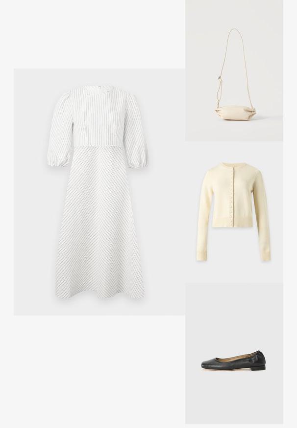 Cardigan en maille couleur crème à manches longues, col rond et rangée de boutons recouverts de tissu sur le devant. Longueur raccourcie avec poignets et ourlet côtelés.; Robe blanche avec des rayures noires verticales et diagonales, encolure ronde et manches courtes bouffantes, fabriquée dans un tissu léger et lisse.; Ballerines en cuir noir avec un bout arrondi et des coutures minimales. Talon bas et rectangulaire avec une texture lisse. Détails subtils de doublure intérieure.; Petit sac bandoulière en cuir beige avec sangle ajustable, présenté sur un fond clair uni.