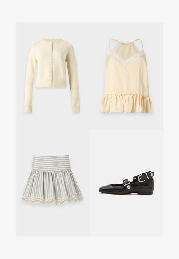Cardigan en maille couleur crème à manches longues, col rond et rangée de boutons recouverts de tissu sur le devant. Longueur raccourcie avec poignets et ourlet côtelés.; Camisole en satin crème avec bordure en dentelle blanche au niveau de l'encolure, bretelles spaghetti réglables et ourlet à volants.; Jupe blanche à rayures verticales bleu clair, taille froncée et détail d’ourlet festonné en dentelle.; Ballerine en cuir verni noir avec un bout carré, sangle de cheville avec des détails en métal argenté et semelle plate. Texture lisse avec un design minimaliste.