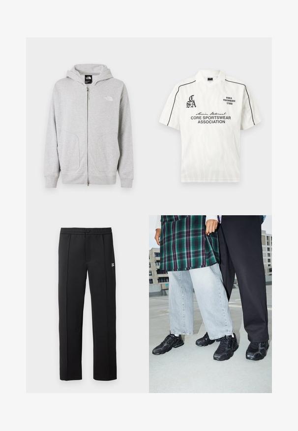 Harmaa vetoketjullinen huppari, jossa on suuri etutasku, ribbaatut hihansuut ja huppu. The North Face -logo on esillä vasemmassa rinnassa.; Valkoinen lyhythihainen urheilupikeepaita, jossa mustat koristeet harteilla, hienovarainen seepra-kuvio ja mustat tekstilogot, joissa lukee "Core Sportswear Association" ja "World Performance Studio".; Mustat housut, jotka on valmistettu sileästä kankaasta, jossa on nappikiinnitys, sivutaskut ja pieni logo edessä. Suorat lahkeet.; Mustat urheilukengät, joissa on verkko- ja kumikoristeita. Yhdistetty vaaleanharmaiden leveiden farkkujen ja ruudullisen vihreän paidan kanssa. Tasainen tausta.
