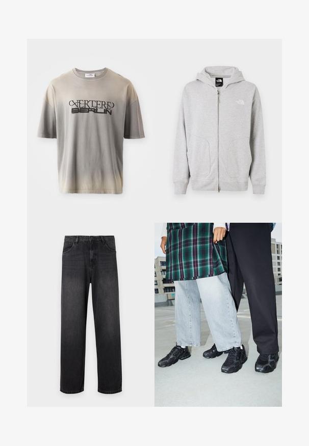 Grijze rits hoodie met een grote voorkeurszak, geribde manchetten en een capuchon. Het North Face-logo is zichtbaar op de linkerborst.; Grijze gradient t-shirt met korte mouwen, voorzien van een zwarte print van "VERTERE BERLIN" in een gestileerd lettertype, zachte structuur en een relaxte pasvorm.; Donkergrijze denim jeans met een rechte pijpdesign, voorzien van een ritssluiting, vijf zakken en subtiele vervagingdetails op de stof.; Zwarte sportieve schoenen met mesh- en rubberaccenten. Draagt een lichtgrijze wijde spijkerbroek en een groen geruit shirt. Effen achtergrond.