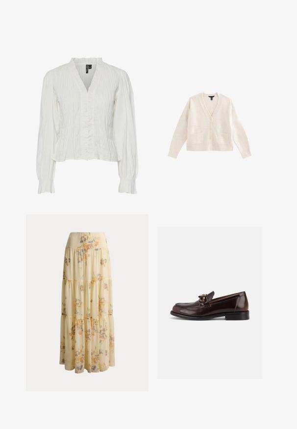 Crèmekleurige cardigan, zachte textuur, V-hals, vijf knopen aan de voorkant, twee zakken aan de voorkant en lange mouwen.; Witte blouse van gekreukeld stof, met een V-hals, een gerimpelde voorkant en lange mouwen met elastische manchetten. Gelaagd en lichtgewicht ontwerp.; Lange gele rok met lagen en pastelbloemenprint in tinten oranje, grijs en groen op lichtgewicht stof.; Donkerbruine leren herenslipper met lage hak en decoratief metalen detail op het bovenwerk, zijaanzicht op witte achtergrond.