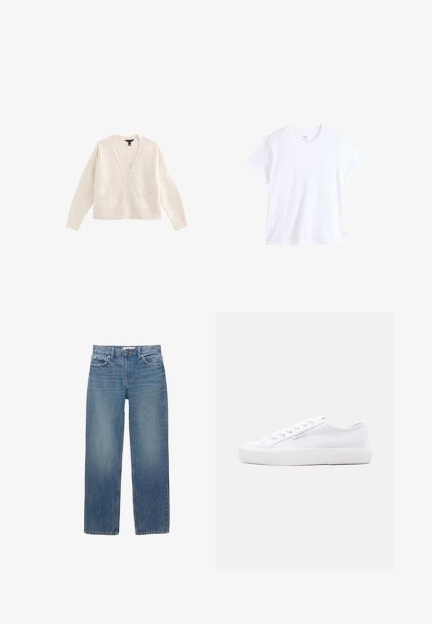 Cardigan i cremefarve, blød tekstur, V-hals, fem knapper foran, to forlommer og lange ærmer.; Hvid bomuld t-shirt med korte ærmer, rund halsudskæring og lige kant. Har en lille rød logoetiket på nederste venstre side.; Lysblå denimjeans med lige snit, fem lommer og hardware i kobberfarve. Stoffet har en let falmning og en glat tekstur.; Hvid low-top sneaker med platformsål, snørebånd foran og lille Calvin Klein logo på siden.