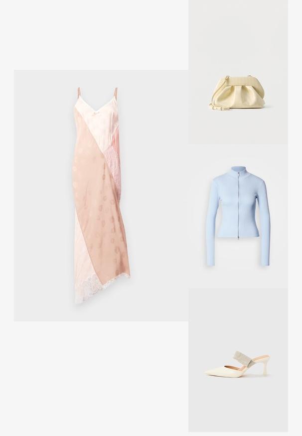 Lichtblauw lange mouwen top met een hoge kraag en ritssluiting aan de voorkant, gemaakt van geribbelde stof, aansluitend ontwerp, gladde textuur en minimalistische stijl.; Roze kwarts slipdress met verstelbare bandjes, voorzien van een mix van gladde satijn- en kanttexturen, een diagonaal kleurblokontwerp en kantafwerking.; Witte slingback hak met een spitse neus, een slank ontwerp, een gestructureerd bandje met strass-steentjes en een slanke stilettohak. Glad leren afwerking.; Kleine lichtgele leren handtas met geplooide voorkant, gouden beslag en verstelbare schouderriem op een witte achtergrond.