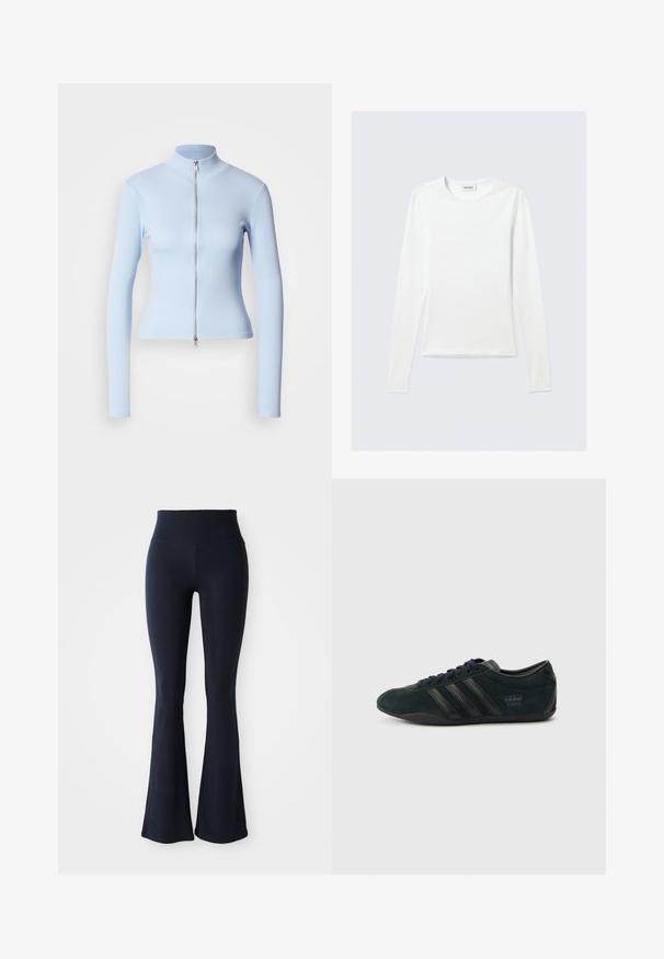 Lyseblå langærmet top med høj krave og lynlås foran, lavet af ribstrikket stof, tætsiddende design, glat tekstur og minimalistisk stil.; Langærmet, enkel hvid T-shirt med rund halsudskæring og tætsiddende pasform, vist mod en lysegrå baggrund.; Mørkeblå, flagrende leggins lavet af strækbart materiale med højtalje. Glat tekstur og ensfarvet, ingen synlige mønstre eller accenter.; Sort ruskind sportssko med tre sorte striber, rundet tå og flad sål med et subtilt logo på hælen.