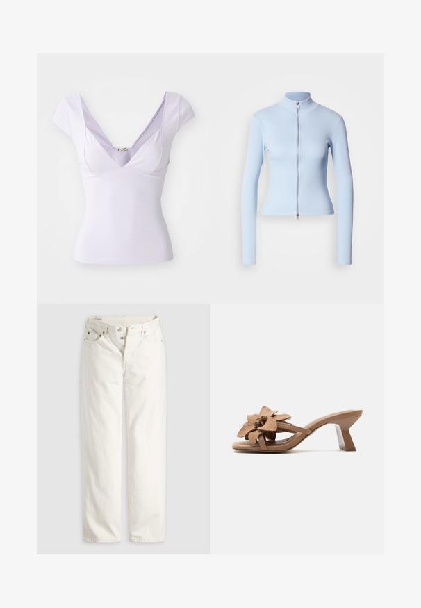 Haut bleu clair à manches longues avec un col montant et une fermeture éclair frontale, en tissu côtelé, coupe ajustée, texture lisse et style minimaliste.; Top lilas à manches courtes avec un décolleté en V profond, un design ajusté, une texture lisse et une étiquette discrète près de l'encolure.; Jean blanc taille haute à jambes droites avec braguette à boutons, poches avant et arrière, et rivets en cuivre visibles aux coins des poches.; Mule beige à bout ouvert avec talon incliné de hauteur moyenne et grand détail de fleur texturée sur la bride supérieure.