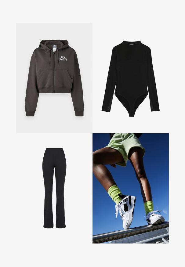Mørkegrå cropped hoodie med lynlås, forlommer, snore i hætte og "New Balance"-logo på venstre bryst.; Sort langærmet bodysuit lavet af et glat stof. Har en høj hals og en tætsiddende bund med en stringskæring. Teksturerede meshærmer.; Sorte højtaljede, tætsiddende yogabukser med udvidede ben, præsenteret mod en hvid baggrund.; Hvide og sorte atletiske sneakers med strukturerede såler, parret med lysegrønne ribbede sokker. Baggrunden viser en klar blå himmel.