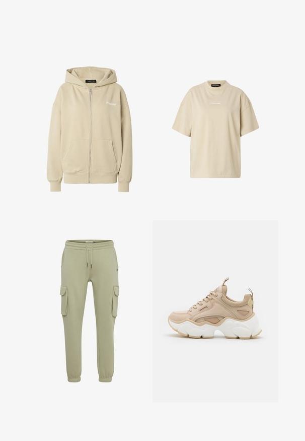 Sweat à capuche beige zippé avec poches avant, poignets et ourlet côtelés, capuche, et logo "Pegador" sur la poitrine gauche.; T-shirt beige oversize à manches courtes avec col rond et petit logo blanc "REGARD" centré sur la poitrine.; Pantalons cargo en vert clair en tissu doux, avec poches latérales, poignets élastiqués et une taille à cordon pour un ajustement réglable.; Baskets beiges présentant un mélange de matériaux lisses et texturés, une semelle blanche épaisse et des accents en mesh pour la respirabilité.