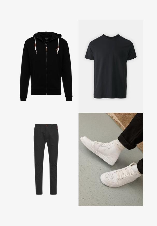 Zwarte zip-up hoodie gemaakt van zachte stof, met een trekkoordkap, voorkeurszakken en leren accenten op de rits en trekkoorden.; Zwart katoenen T-shirt met korte mouwen, ronde hals en een relaxte pasvorm. Glad textuur en rechte zoom, geen zichtbare graphics of patronen.; Zwarte chinos met een slim fit, gemaakt van katoen, voorzien van een bruine knoopsluiting, vier zakken en klassieke stikseldetails.; Witte hoge sneakers van glad leer met een geperforeerde teen, vetersluiting en subtiele logo-details aan de zijkant. Geprofileerde rubberen zool.