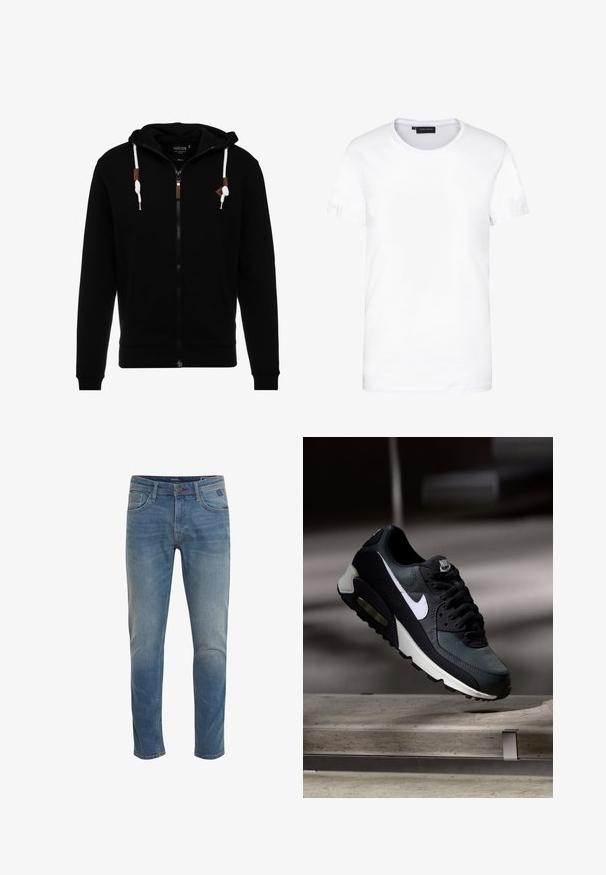 Schwarzer Reißverschluss-Hoodie aus weichem Stoff, mit einer Kapuze mit Kordelzug, Fronttaschen und Lederakzenten am Reißverschluss und den Kordeln.; Weißes Baumwoll-T-Shirt, kurze Ärmel, runder Halsausschnitt, schlichtes Design, weiche Textur, gerader Schnitt, normale Passform, keine sichtbaren Muster oder Akzente.; Klassische blaue Jeans aus Denim mit geradem Bein, heller Waschung, fünf Taschen und dezenten Whiskering-Details. Mit Metallknopf und Reißverschluss versehen.; Schwarzer und grauer Nike Air Max Sneaker mit weißem Swoosh, schwebend über einer Betonfläche vor einem verschwommenen dunklen Hintergrund.