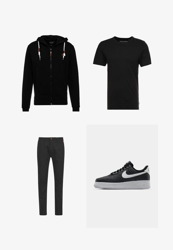 Zwarte zip-up hoodie gemaakt van zachte stof, met een trekkoordkap, voorkeurszakken en leren accenten op de rits en trekkoorden.; Zwarte T-shirt met korte mouwen, gemaakt van katoen, met een ronde hals en een subtiele logotag aan de zijkant. Eenvoudig en veelzijdig ontwerp.; Zwarte chinos met een slim fit, gemaakt van katoen, voorzien van een bruine knoopsluiting, vier zakken en klassieke stikseldetails.; Zwarte lederen sneaker met een textuur oppervlak, witte Nike swoosh, grijze zool, ronde neus en vetersluiting. Bevat perforaties op de neus.