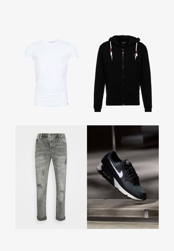 Hoodie noir zippé en tissu doux, avec une capuche à cordon de serrage, des poches avant et des accents en cuir sur la fermeture éclair et les cordons.; T-shirt blanc uni à manches courtes avec col rond, coupe standard et légère texture sur le tissu, présenté sur fond blanc.; Jean en denim gris avec une finition délavée, dotée de détails usés et de poignets retroussés. Design à cinq poches avec une coupe droite.; Baskets Nike Air Max noires et grises avec un logo blanc, suspendues au-dessus d'une surface en béton sur un fond sombre flou.