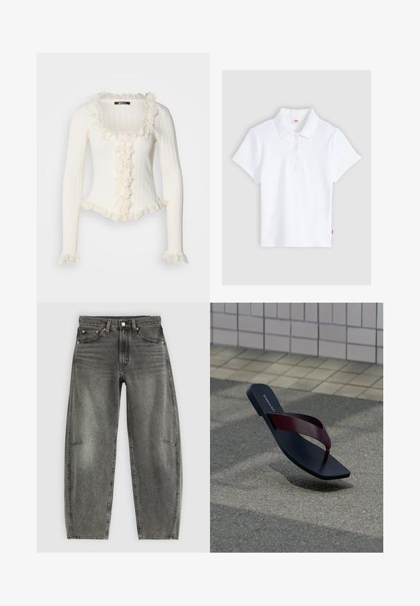 Suéter blanco de manga larga acanalado con escote cuadrado, con ribete de encaje con volantes a lo largo de los bordes y por delante.; Polo blanco de manga corta con textura acanalada, cuello y cuatro botones, colocado plano sobre un fondo gris claro.; Jeans de mezclilla gris deslavado de cintura alta con cinco bolsillos, cierre de botón y un corte recto relajado.; Una sola chancla negra con una tira de color rojo oscuro flotando sobre una superficie de asfalto gris y un pavimento beige con baldosas de fondo.