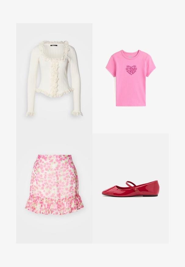 Suéter blanco de manga larga acanalado con escote cuadrado, con ribete de encaje con volantes a lo largo de los bordes y por delante.; Camiseta de algodón rosa con mangas cortas y cuello redondo. Presenta un diseño de corazón con la palabra "VANS" en su interior, contorneado en rosa oscuro.; Mini falda rosa con flores y un dobladillo con volantes, hecha de un tejido ligero y transparente que presenta un patrón de rosas y hojas verdes.; Zapatillas tipo ballet de charol rojo con punta puntiaguda, correa en el tobillo y pequeño adorno redondo en la correa. Suela plana y textura suave.