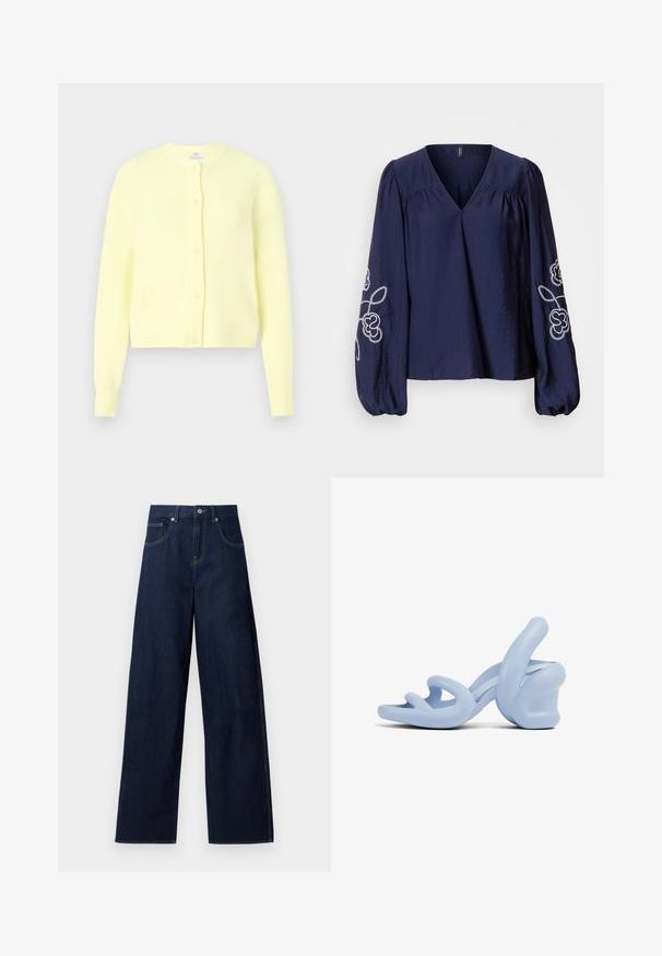 Gul ribbet cardigan med rund halsudskæring, lange ærmer og knaplukning foran med små perle-lignende knapper. Blød tekstur.; Marineblå bluse med V-hals, rynkede detaljer og lange puffede ærmer med hvid blomsterbroderi på manchetterne.; Mørkeblå vidde jeans med knaplukning foran og lommer, vist fladt mod en hvid baggrund.; Lysblå hælede sandaler lavet af glat gummi, med et skulpturelt design med bølgede remme og en kraftig hæl.
