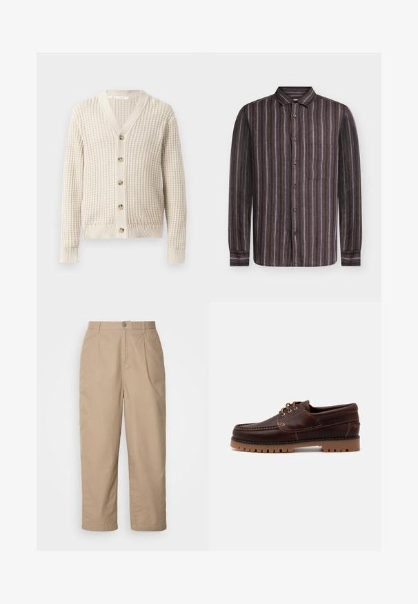 Cremfarbener Cardigan mit Waffelstruktur, V-Ausschnitt und fünf Holzknöpfen. Rippbündchen und Saumdetails.; Samsøe Samsøe RYAN - Hemd - regal orchid st.; Beige, leichte Baumwollhosen mit gefaltetem Vorderteil, Knopfverschluss und geradem Bein, die eine glatte Textur und keine sichtbaren Muster aufweisen.; Braune Lederschiffsschuh mit gestickten Details, Schnürdesign und robustem Gummisohle mit strukturierten Stollen für besseren Halt.