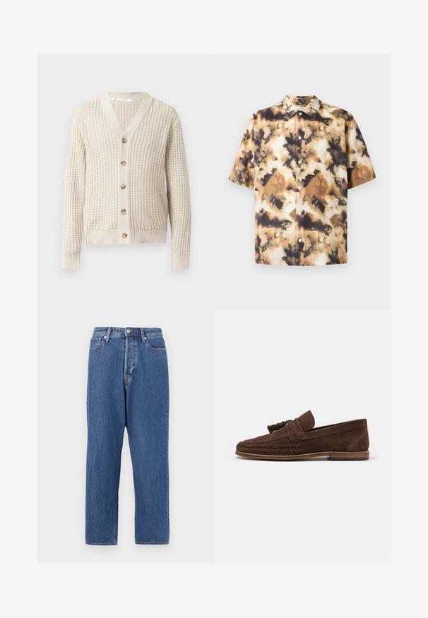 Kreemi värvi kardigan, millel on vafli tekstuur, V-kaelus ja viis puidust nuppu. Ribikiududega mansetid ja hem.; Samsøe Samsøe SAAYO SHIRT - Vapaa-ajan kauluspaita - collage cameo; Sininen farkkuhousut, joissa on löysä malli, viisi taskua ja etupainike. Kangas näyttää haalistuneelta pesulta, jossa on hienovarainen rakenne.; Ruske mokasiner iz nubuk kože sa pletenim detaljima duž đona, sa dekorativnom resicom i ravnim gumiranim potplatom. Jednostavan, elegantan dizajn.