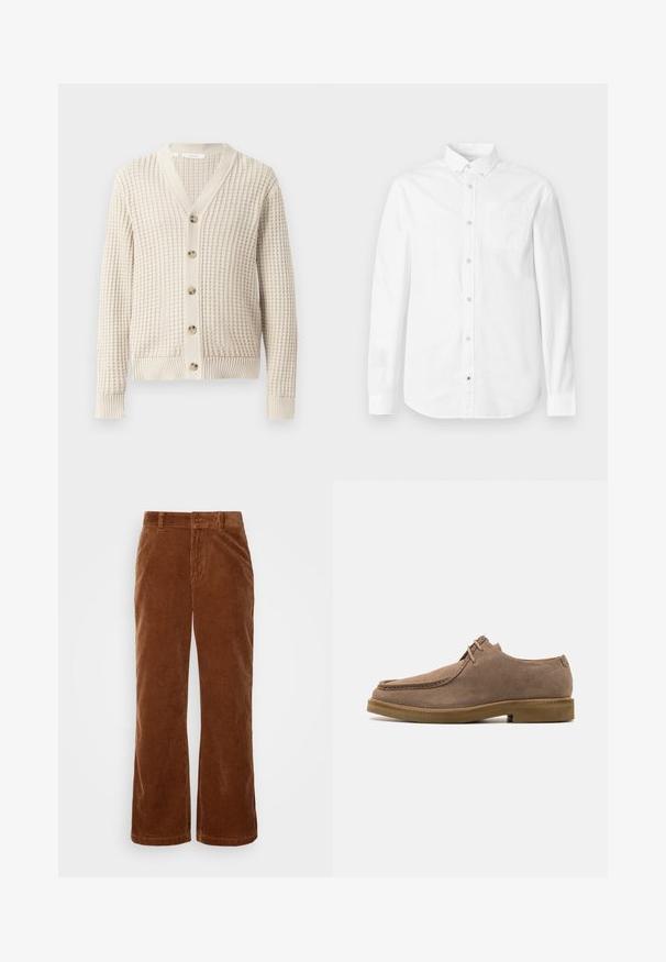 Cremfarbener Cardigan mit Waffelstruktur, V-Ausschnitt und fünf Holzknöpfen. Rippbündchen und Saumdetails.; Weißes Langarmhemd aus Baumwolle. Verfügt über einen Button-Down-Kragen, eine Brusttasche und eine dezente Textur. Gerade Saumlinie mit Knopfverschlüssen.; Braune Cordhosen mit einem weit geschnittenen Design, das eine vertikale Rippstruktur, einen Knopfverschluss und standardmäßige Gürtelschlaufen aufweist.; Zign LEATHER - Sportlicher Schnürer - taupe