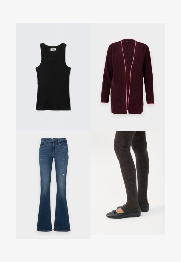 Cardigan en tricot bordeaux à manches longues et à ouverture sur le devant, présentant des bords en rose et un motif texturé.; Débardeur noir en coton, avec un col rond et des bretelles étroites. Design simple, sans motifs ni accents visibles.; Jean en denim évasé bleu foncé avec des patches usés. Comprend cinq poches et une fermeture éclair. Tissu de poids moyen avec une texture lisse.; Jambes portant des leggings côtelés foncés associés à des ballerines noires avec de petits détails en nœud sur fond blanc.