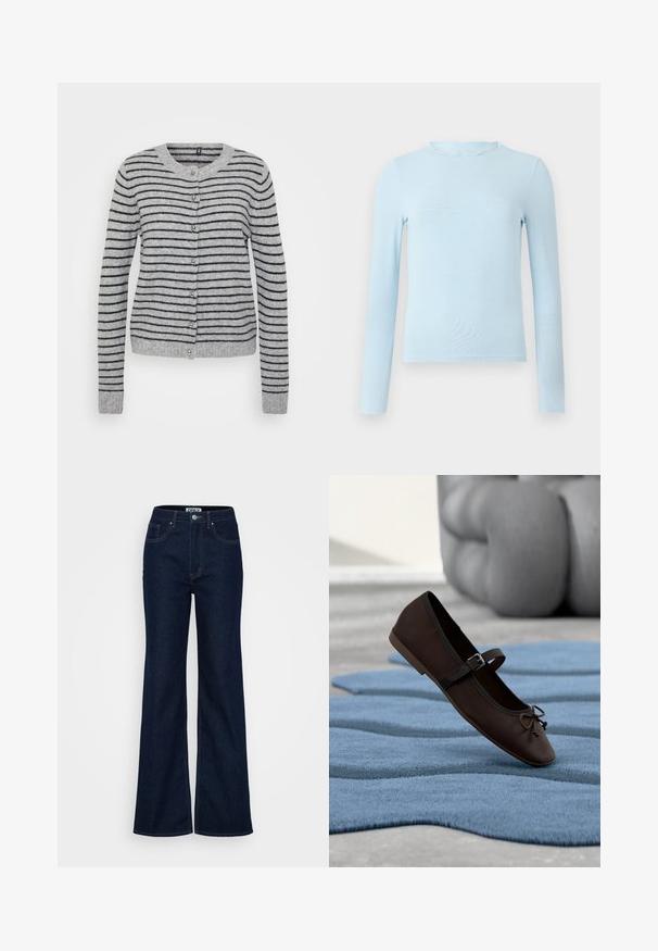 Grå cardigan med sorte vandrette striber, rund halsudskæring og knaplukninger. Blød tekstur med ribbede manchetter og kant.; Lys blå langærmet top lavet af et glat stof, med en scallop-udskæring og figursyet design, med lige søm og uden mønstre.; ONLY Tall ONLJUICY WIDE RINSE - Wide leg - dark blue denim; Mørkebrun Mary Jane-flad sko med spænde og sløjfedetalje, der hviler på en bølget blå tekstureret tæppe med grå polstret sofa i baggrunden.