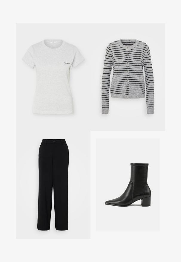 Cárdigan gris con rayas horizontales negras, escote redondo y cierres de botones. Textura suave con puños y dobladillo acanalados.; Camiseta de manga corta de color gris claro con tejido acanalado, cuello redondo y pequeño logo negro de "Pepe Jeans" en el lado izquierdo del pecho.; Pantalones de pierna ancha negros hechos de una tela suave. Presenta una cintura con cierre de botón y detalles de pliegue en la parte delantera.; Botín negro de tobillo hecho de piel suave, con punta afilada, tacón cuadrado y costura elevada distintiva en el borde superior.
