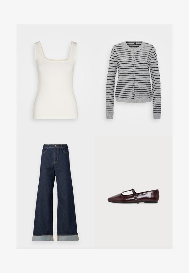Cardigan gris avec des rayures horizontales noires, col rond et fermetures à boutons. Texture douce avec des poignets et un ourlet côtelés.; Débardeur couleur crème avec un décolleté carré, des bretelles fines et une silhouette ajustée. Fabriqué en tissu doux et extensible. Pas de motifs ni d'accents.; Jean en denim foncé à jambes larges avec des coutures orange, présentant une taille haute, deux poches avant et des ourlets retroussés mettant en valeur un tissu contrastant bleu clair.; Chaussure plate en cuir bordeaux foncé avec un bout pointu et une fine bride en T avec une boucle argentée sur fond blanc.