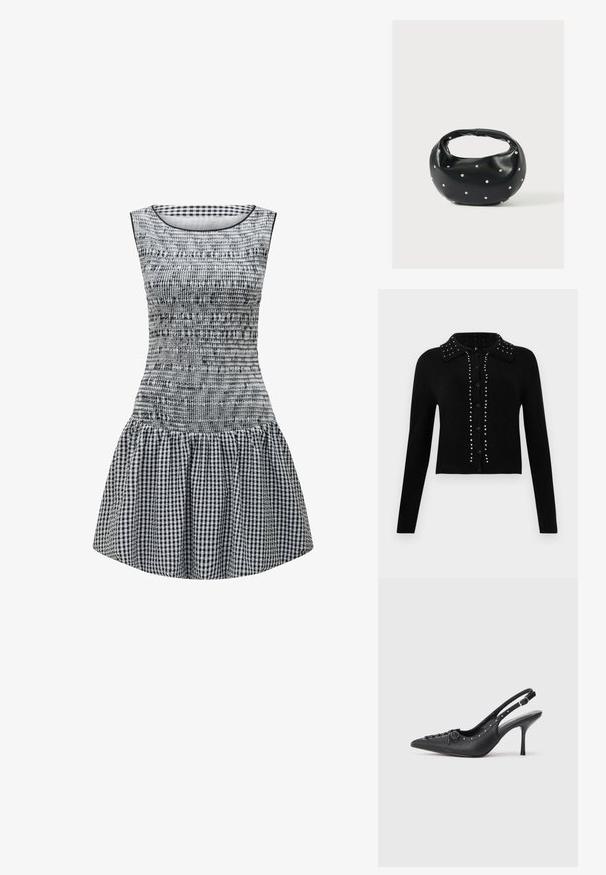 Cardigan court noir en tissu doux, avec un col, une fermeture à boutons et orné de clous en argent le long du centre et des épaules.; Robe en vichy noir et blanc avec un corsage ajusté, une texture froncée et une jupe évasée. Encolure ronde simple et design sans manches.; Escarpin en cuir noir à talon aiguille avec un bout pointu, une bride latérale à boucle, des clous le long du bord et un laçage décoratif à l'avant.; Sac à main en cuir noir de forme arrondie, décoré de clous argentés et équipé d'une poignée courte. Texture lisse et fermeture éclair.