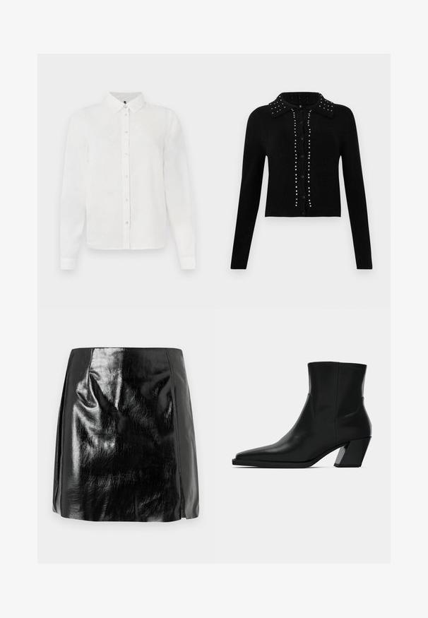 Cardigan court noir en tissu doux, avec un col, une fermeture à boutons et orné de clous en argent le long du centre et des épaules.; Chemise blanche à manches longues avec un col, présentant un subtil motif texturé et une fermeture à boutons. Tissu lisse avec une belle finition.; Mini jupe en simili cuir noir brillant avec des détails de couture subtils et une légère fente avant sur fond blanc.; Bottine en cuir noir avec un bout pointu, une silhouette élégante et un talon carré massif. Texture lisse avec des détails de couture minimalistes.