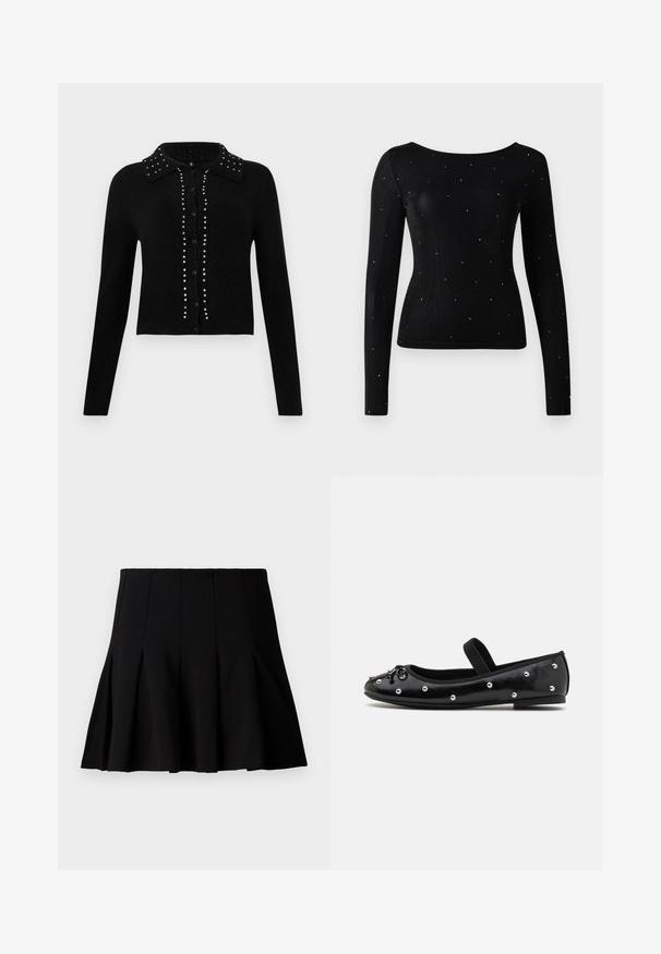Cardigan court noir en tissu doux, avec un col, une fermeture à boutons et orné de clous en argent le long du centre et des épaules.; Un haut noir à manches longues avec un col large et des accents de strass éparpillés, fabriqué dans un tissu doux et extensible.; Jupe noire courte plissée en tissu lisse. Dispose d'une taille élastique et d'une silhouette évasée qui s'étend jusqu'au milieu de la cuisse.; Botte plate en cuir noir avec un bout arrondi, des clous en argent décoratifs et une sangle élastique. Elle présente une texture lisse et un talon bas.