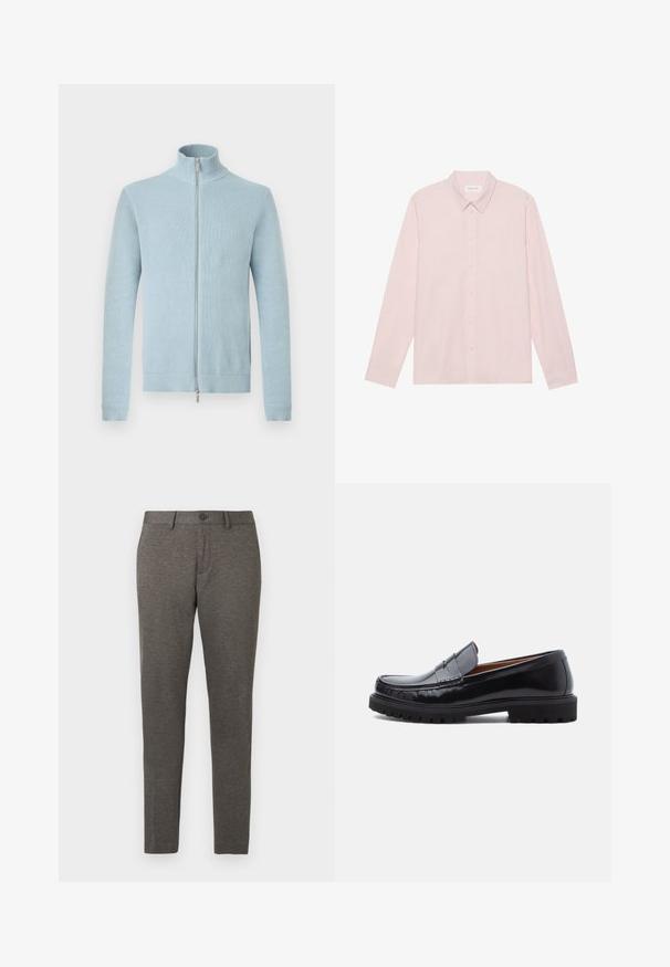 Lyseblå strikket sweater med lynlås, høj krave samt ribbestrikkede manchetter og kant, vist mod en hvid baggrund.; Lyserød langærmet skjorte med knaplukning og spidse krave, lavet af glat stof, med en frontknaplukning og et minimalistisk design.; Grå tapered bukser med et tekstureret stof, der har forskydninger i lommerne og en enkelt knaplukning i taljen. Kan maskinvaskes.; Sorte læder penny loafer med chunky gummisål og moc toe syninger, vist i profil på en hvid baggrund.