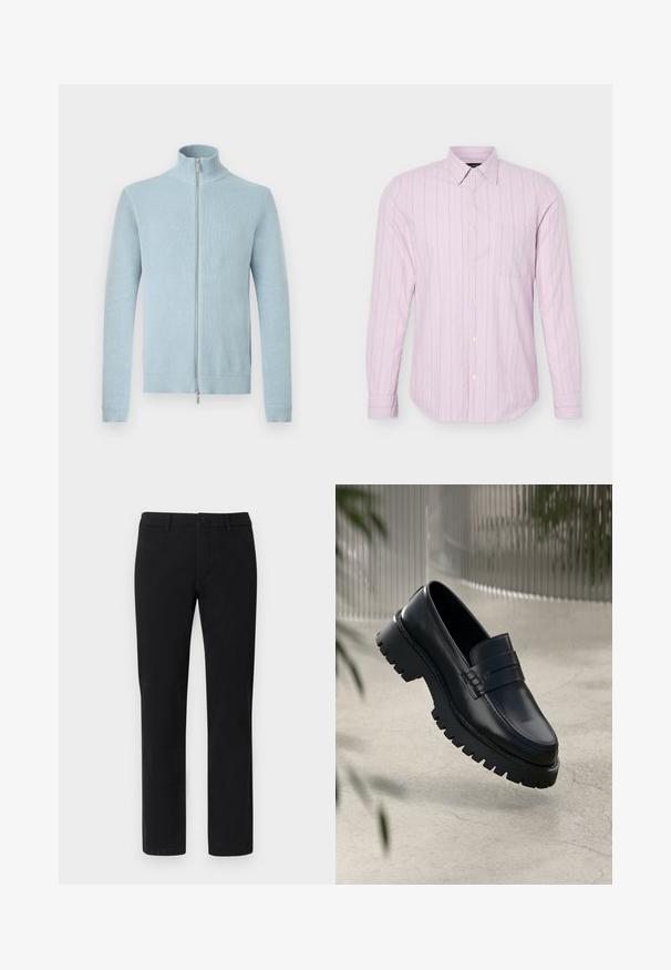 Pull en tricot bleu clair avec fermeture éclair, col montant et poignets et ourlet côtelés, présenté sur un fond blanc.; Chemise rose clair à manches longues avec fines rayures verticales blanches et une poche poitrine unique, présentée sur un fond blanc.; Chinos noirs à coupe droite, fabriqués en mélange de coton lisse, avec passants pour ceinture et fermeture avant par bouton.; Mocassins en cuir noir avec une semelle à crampons épaisse, dotés d'une sangle décorative et de détails de couture. Texture lisse avec une finition polie.