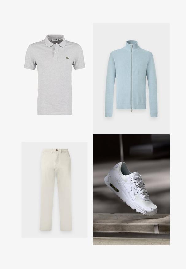 Pull en tricot bleu clair avec fermeture éclair, col montant et poignets et ourlet côtelés, présenté sur un fond blanc.; Polo shirt gris clair fabriqué à partir d'un tissu doux, avec un col classique, des manches courtes et un logo Lacoste vert sur la poitrine.; Pantalon beige à jambes droites avec poches avant, passants de ceinture, fermeture par bouton et braguette zippée, présenté sur un fond blanc.; Sneaker Nike Air Max 90 blanche avec une tige en mesh et cuir, une boîte à orteils perforée et une unité air visible au talon.