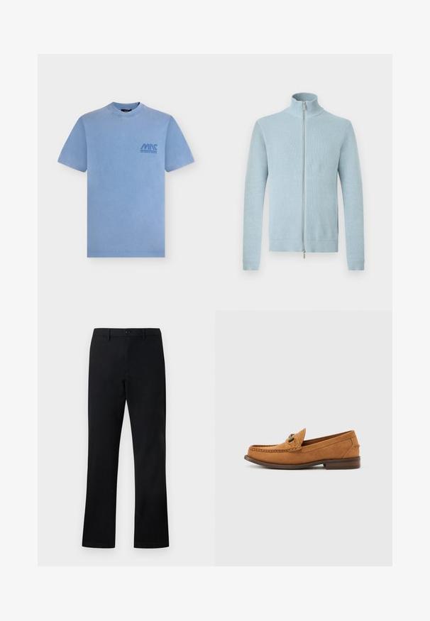 Pull en tricot bleu clair avec fermeture éclair, col montant et poignets et ourlet côtelés, présenté sur un fond blanc.; T-shirt bleu clair à manches courtes et col rond avec un petit logo "MADC" bleu foncé sur la poitrine gauche, présenté sur fond blanc.; Pantalons noirs à jambes droites avec fermeture à bouton et à glissière, passants pour ceinture et poches latérales, présentés sur un fond blanc.; Mocassin pour homme en daim marron clair avec détail en métal et couture mocassin, présenté en profil sur un fond blanc uni.