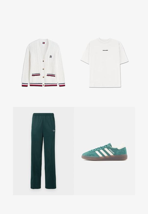 Weißer, kabelgestrickter Cardigan mit V-Ausschnitt, braunen Knöpfen, zwei vorderen Taschen und rot-weiß-navy gestreiftem Besatz an Bündchen und Saum.; Pegador BRACY HEAVY OVERSIZED TEE - T-Shirt basic - washed snow white black; Dunkelgrüne Sweatpants aus weichem Stoff, mit einem elastischen Bund und Seitennähten, versehen mit einem kleinen Logo auf der Vorderseite.; Grüner Wildledersneaker mit weißen Lederakzenten und drei weißen Streifen. Verfügt über eine Gummisohle und einen gepolsterten Kragen für Komfort.