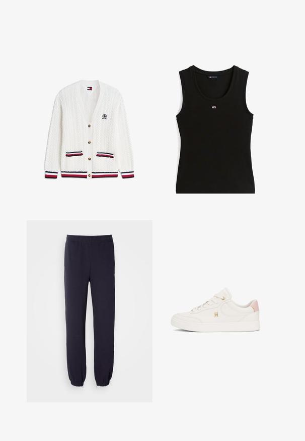Hvid kabelstrikket cardigan med V-udskæring, brune knapper, to forlommer og rød, hvid og navystribet kant på ærmer og nederst.; Sort ribbet ærmeløs tanktop med lille rød, hvid og blå rektangulært logo midt på brystet og mærkat i kraven med teksten Tommy Jeans.; Marineblå sweatpants med elastisk talje og snoreforbundne nederste kanter. Fremstillet af blød stof med en glat tekstur, uden synlige mønstre eller udsmykninger.; Hvide lædersneakers med rund tå, tyk sål, guldhardware-detalje og en lyserød hælflap. Har snørebåndsdesign og logo-detalje.