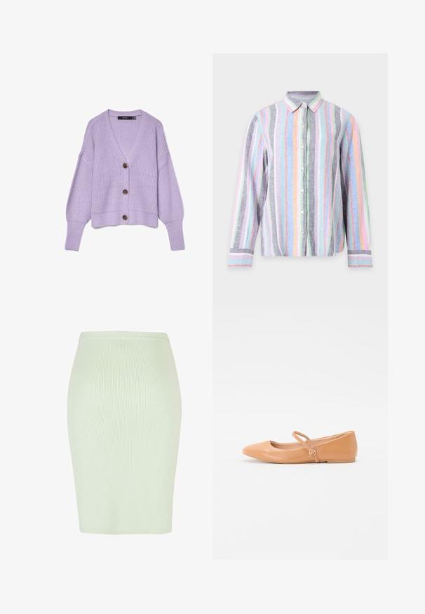 Cardigan tricot lilas avec trois boutons marron, col en V, manches longues, poignets et ourlet côtelés.; Chemise boutonnée à manches longues avec des rayures verticales pastel en gris, bleu, rose, vert, blanc et orange sur un fond clair.; Jupe crayon en tricot de couleur vert menthe clair avec une texture à côtes verticales, forme ajustée et ceinture lisse. Idéale pour une tenue décontractée ou formelle.; Ballerines en cuir nues avec un bout pointu, une sangle extérieure et un détail en métal rond. Texture lisse et design minimaliste.