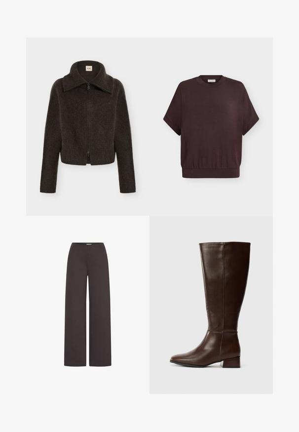 Mørkebrun, behåret lynlåstrøje med lange ærmer og en bred krave, vist mod en ensfarvet lys baggrund.; Kortærmet, løstsiddende mørkebrun sweatshirt med rund hals og elastisk linning, vist på en ensfarvet hvid baggrund.; ICHI IHKATE WIDE PA2 - Bukser - chocolate torte; Høj, mørkebrun læderstøvle med en lav blokhælt og en glat overflade, vist fra siden på en hvid baggrund.