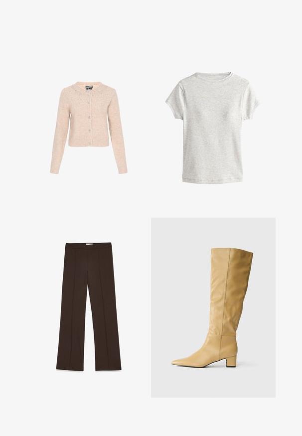 Cárdigan beige corto con mangas largas, escote redondo, botones decorativos en la parte delantera y pequeñas embellishments de cuentas a lo largo del pecho superior y los hombros.; Camiseta de punto acanalado gris claro de manga corta con escote redondo y dobladillo recto, mostrada plana sobre un fondo blanco.; Pantalones marrones de pierna ancha confeccionados en una tela suave; presentan pliegues frontales y una cinturilla estándar. Diseño minimalista sin cierre visible.; Bota de cuero marrón hasta la rodilla con un tacón bajo y punta afilada, mostrada en perfil lateral sobre un fondo blanco.