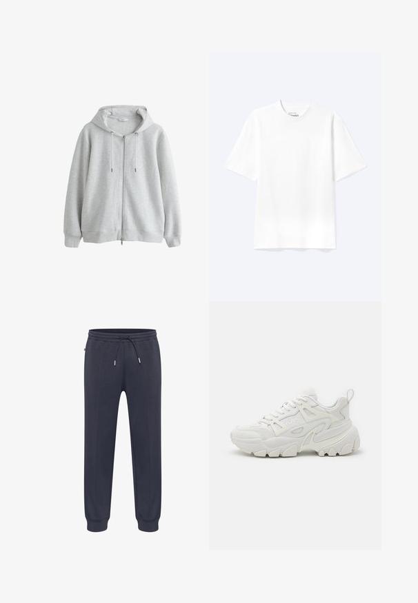 Lichtgrijze geribde zip-up hoodie met trekkoorden en lange mouwen, weergegeven tegen een witte achtergrond.; Effen witte T-shirt met korte mouwen en ronde hals, met een losse pasvorm, weergegeven op een lichte achtergrond.; Donkerblauwe joggingbroek met elastische tailleband, verstelbaar trekkoord, zijzakken en aansluitende boorden. Gemaakt van zacht, lichtgewicht materiaal.; Witte sportieve sneakers met een gestructureerde bovenkant, mesh panelen, een opvallende rubberen zool en decoratieve uitsparingen aan de zijkanten.