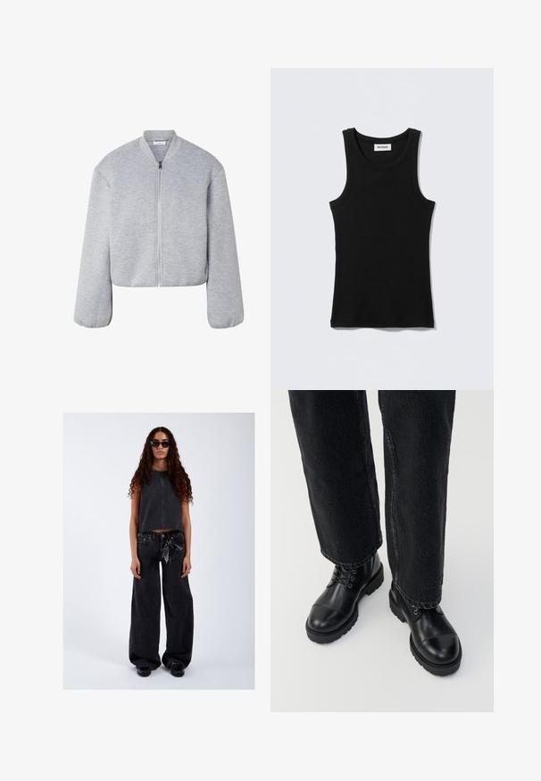 Veste bomber courte gris clair avec manches longues, col côtelé, poignets élastiques et fermeture éclair à l'avant.; Débardeur noir en coton, avec un col rond et des bretelles étroites. Design simple, sans motifs ni accents visibles.; Femme aux longs cheveux bouclés portant un haut noir sans manches, un jean noir à jambes larges avec un accessoire porte-clés, des chaussures noires et des lunettes de soleil foncées.; Bottines en cuir noir avec bout rond, lacets et semelle épaisse et robuste. Associées à un jeans foncé avec un détail d'ourlet brut.