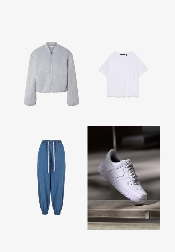 Veste bomber courte gris clair avec manches longues, col côtelé, poignets élastiques et fermeture éclair à l'avant.; T-shirt blanc uni en coton à manches courtes et col rond, vue à plat sur fond blanc.; Pantalon de jogging en denim bleu avec taille élastique et poignets, avec des cordons blancs à la taille.; Baskets Nike Air Force 1 blanches lévitant au-dessus d'une surface en béton avec des ombres dans un cadre minimaliste.