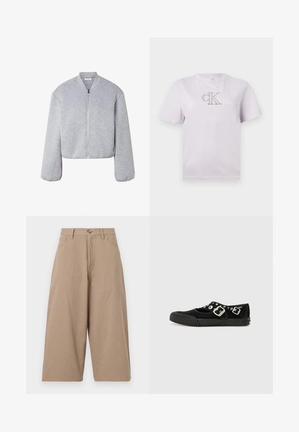 Lichtgrijs cropped bomberjack met lange mouwen, geribde kraag, elastische manchetten en een rits aan de voorkant.; Wit T-shirt met korte mouwen, een ronde hals en een klein "cK"-logo in het midden van de borst.; Kaki wijde broek van katoen, met een hoge taille, voorzakken en een enkele knoopsluiting. Soepele textuur en rechte snit.; Vans MARY JANE - Ballerina's - black