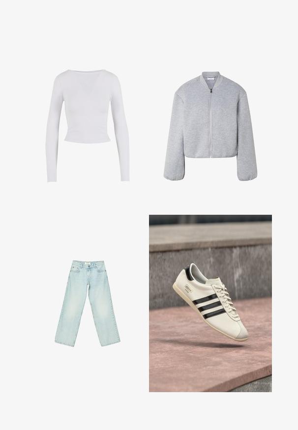 Lysegrå cropped bomberjakke med lange ærmer, ribbet krave, elastiske manchetter og lynlåslukning foran.; Hvid langærmet cropped top med rund halsudskæring, lavet af et glat, strækbart stof, med en tætsiddende pasform og ingen synlige lukninger.; Lyseblå vide jeans lavet af denim, med en mellem-høj talje, fem lommer og en falmet vask med subtile slidmærker.; Hvid Adidas-sneaker med sorte striber og beige sål, svævende over en lyserød betonoverflade og grå stensbaggrund.
