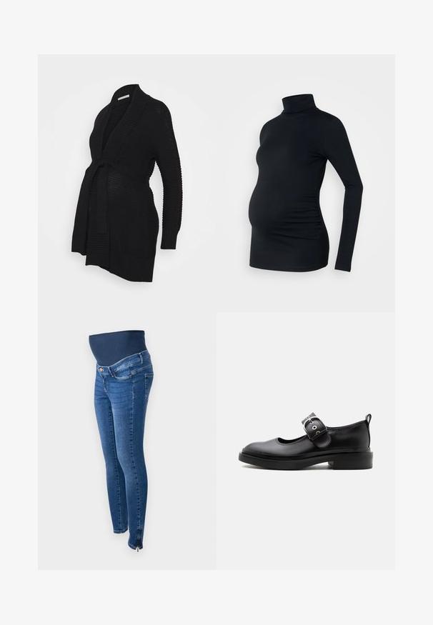Anna Field MAMA by Zalando Kardigán - black; Čierny dlhý rukáv rolák s elastickou tkaninou, navrhnutý na prispôsobenie tehotenskému brušku, s bočnými nariaseniami.; Tehotenské džínsy v tmavomodrom denime. Úzky strih s elastickým, podporujúcim pásom na bruchu. Obsahuje bočné zipsy pri členkoch.; Čierna kožená Mary Jane obuv s hrubou podrážkou, zaoblenou špičkou, striebornou prackou a záložkou vzadu.