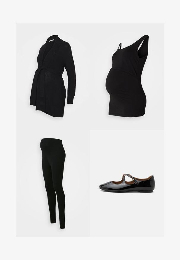 Anna Field MAMA by Zalando Cardigan - black; Sort graviditetstrøje med rund udskæring og ærmeløs design, der har en tætsiddende silhuet, som rummer en voksende mave.; Sorte graviditetsleggings med en høj, støttende talje, glat tekstur, tætsiddende design og ingen synlige mønstre eller udsmykninger.; Sort laklæder Mary Jane-flad sko med to udskæringer og en guldbuckelrem på hvid baggrund.